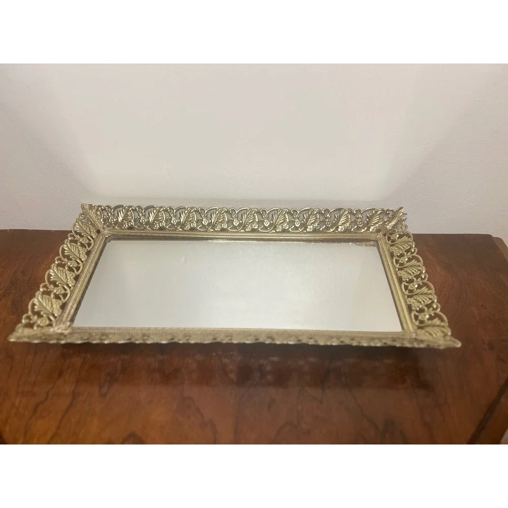 Vintage Mirror Vanity Tray Gold Filigree Metal Ornate Rectangular 16
